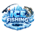 Ice Fishing Game artwork featuring icy blue 3D logo, frozen lake, fishing rod, and realistic winter fish scene