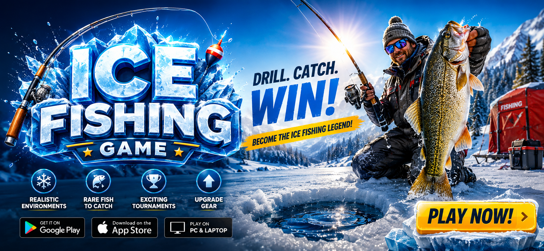 Ice Fishing Game website banner featuring icy 3D text, fisherman holding giant fish, snowy mountains, and winter fishing gameplay scene